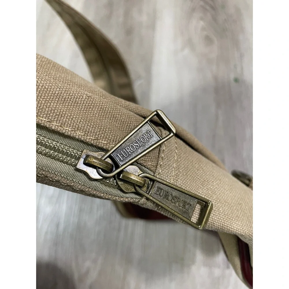 Eurosport Canvas‎ Sling Backpack Tan Brown Faux Leather Zip Vintage Travel